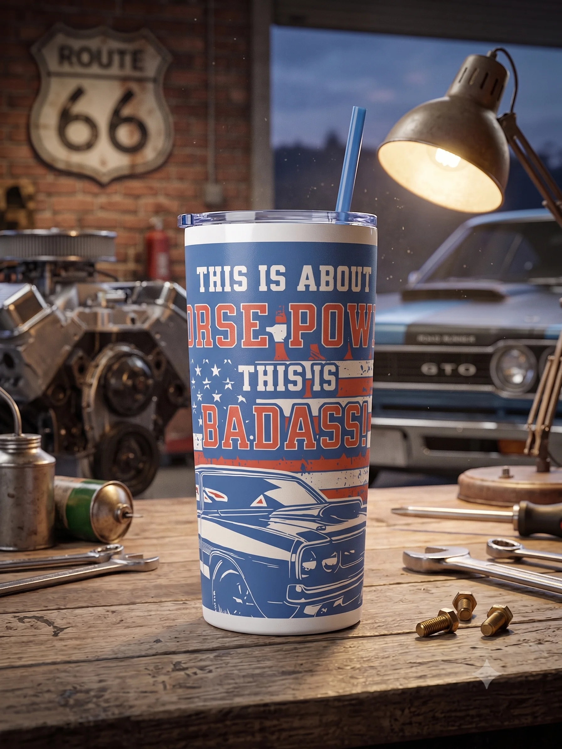 20oz Stainless Steel Tumbler with Lid - Vintage American Muscle Car Patriotic Flag Design, Insulated Horsepower Travel Cup for Men by BoldPixel product image (1)