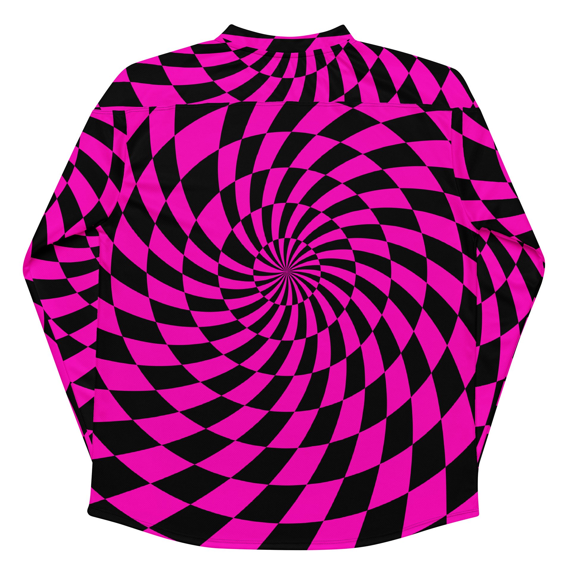 Psychedelic Rave EDM Hockey Jersey, Hot Pink Black Checkers Swirl Shirt, Trippy Techno Top Festival Fashion, Comfy Dance Party Clothing product image (8)