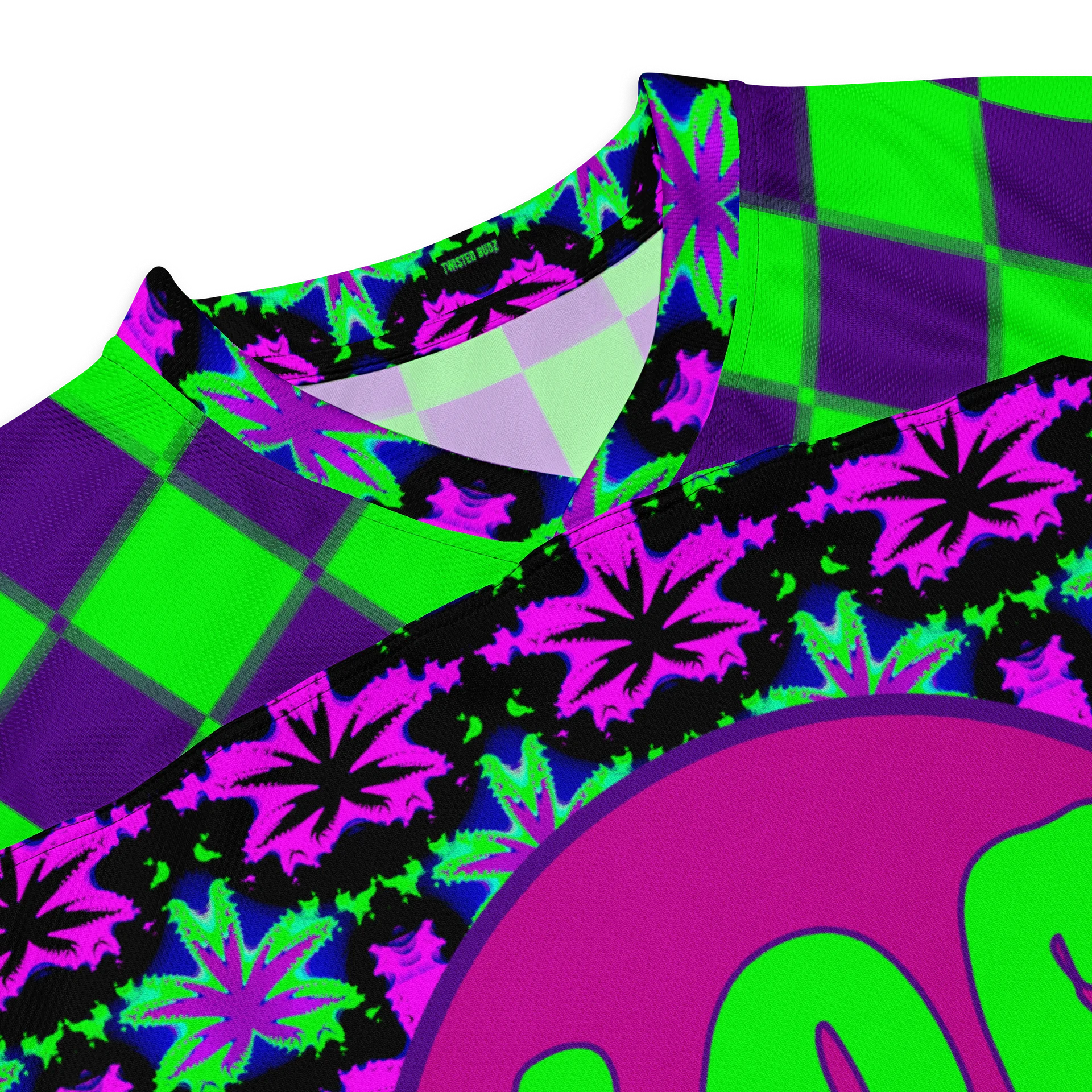 Cannabis Rave 420 Hockey Jersey, Clowncore Checkers Stoner Shirt, Pot Leaf EDM Festival Fashion, Neon Twisted Techno Dance Party Weed Top product image (8)