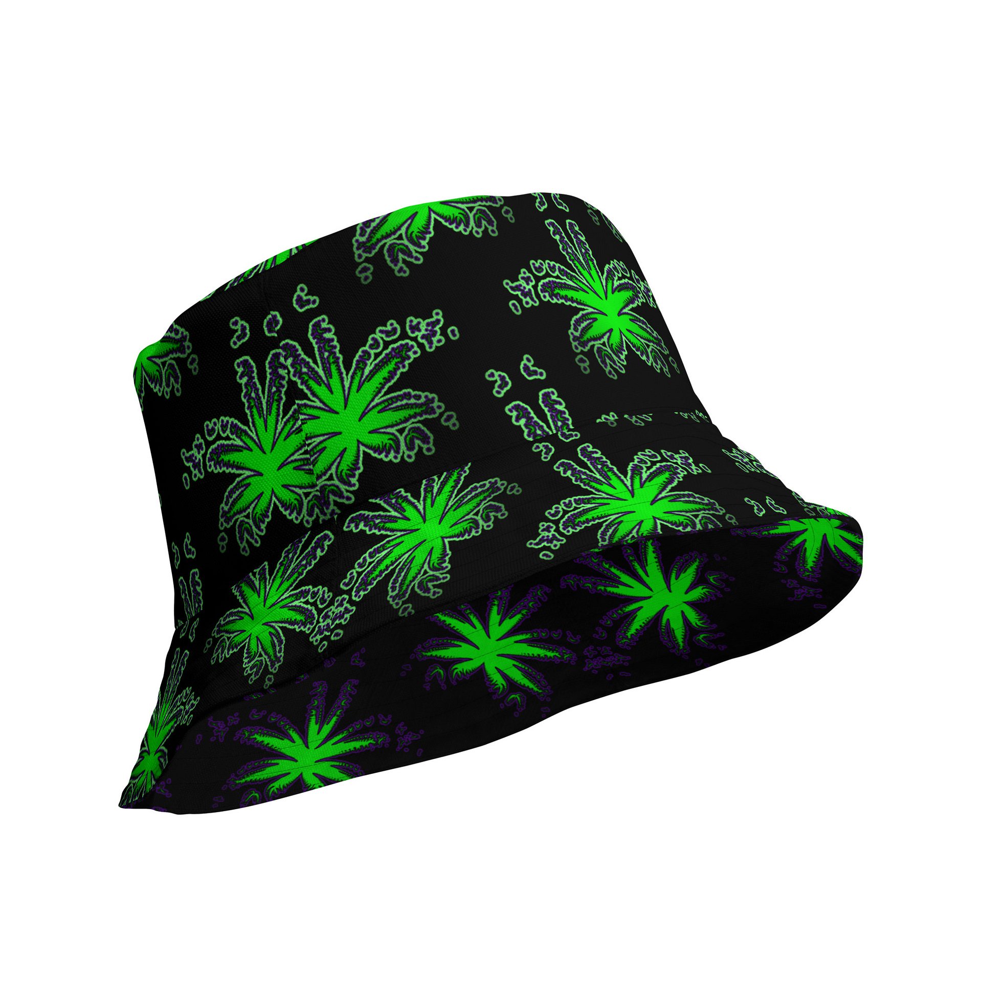 Cannabis Reversible Bucket Hat, 420 Rave Stoner Accessory, Pot Leaf Pattern Festival Fashion, Black Neon Green Purple Weird Weed Art product image (3)