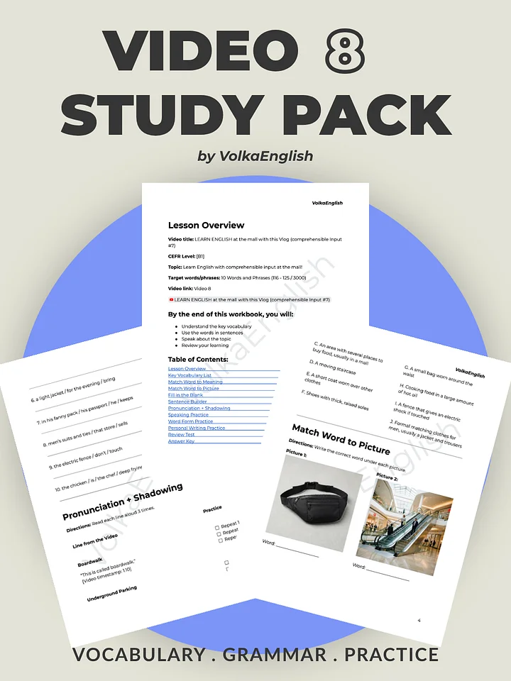 LEARN ENGLISH at the mall with this Vlog (comprehensible Input #7) - Video 8 Study Pack product image (1)