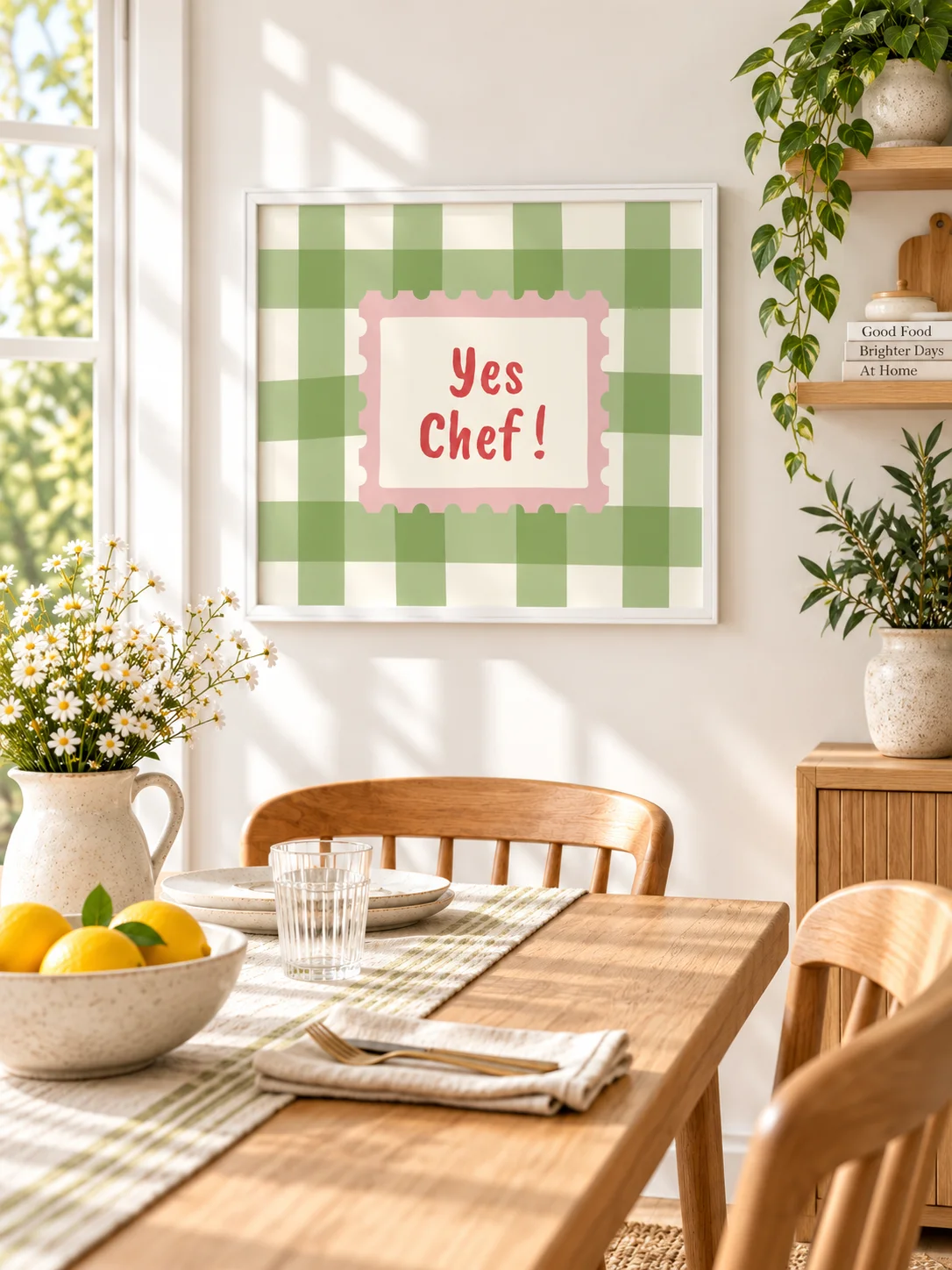 Yes Chef Printable Kitchen Wall Art | Green Gingham Retro Typography Poster product image (5)