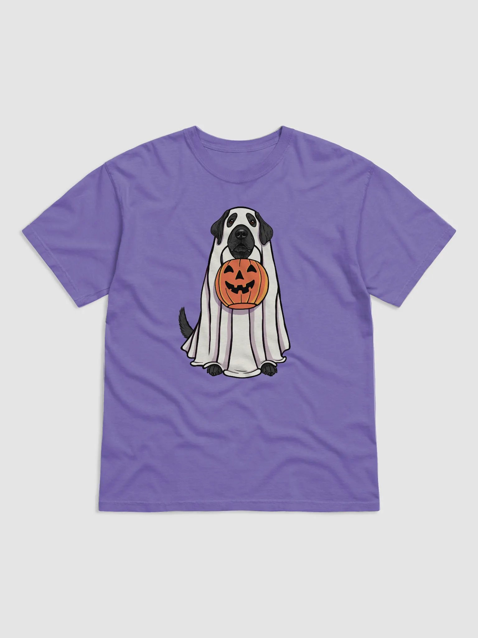 Funny Halloween Labrador Retriever(Black) T-Shirt | Funny Labrador Wearing a Ghost Costume and Holding a Pumpkin Basket product image (1)