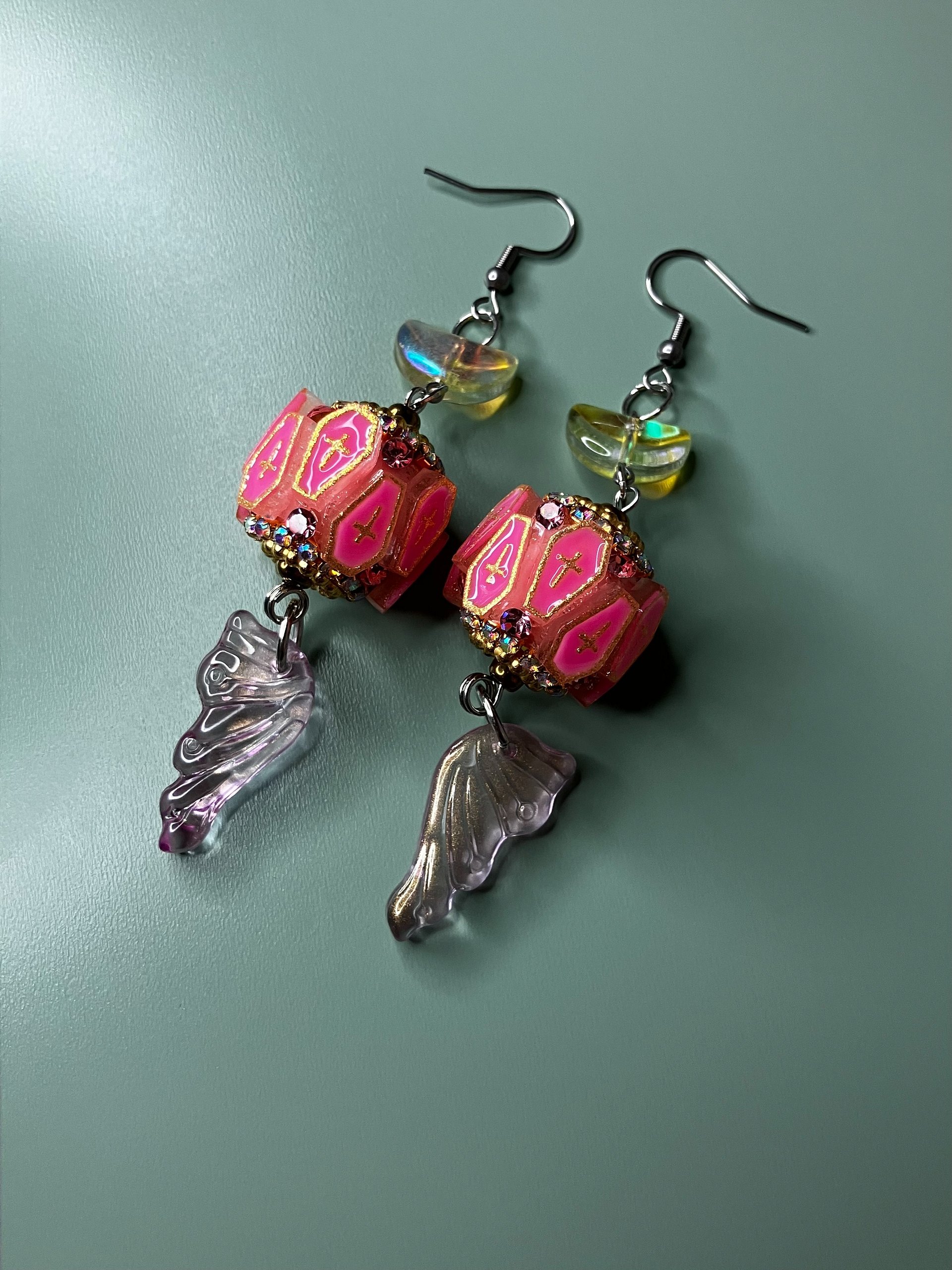 Pastel Goth Coffin Earrings with Iridescent Moon and Glass Fairy Wings product image (1)