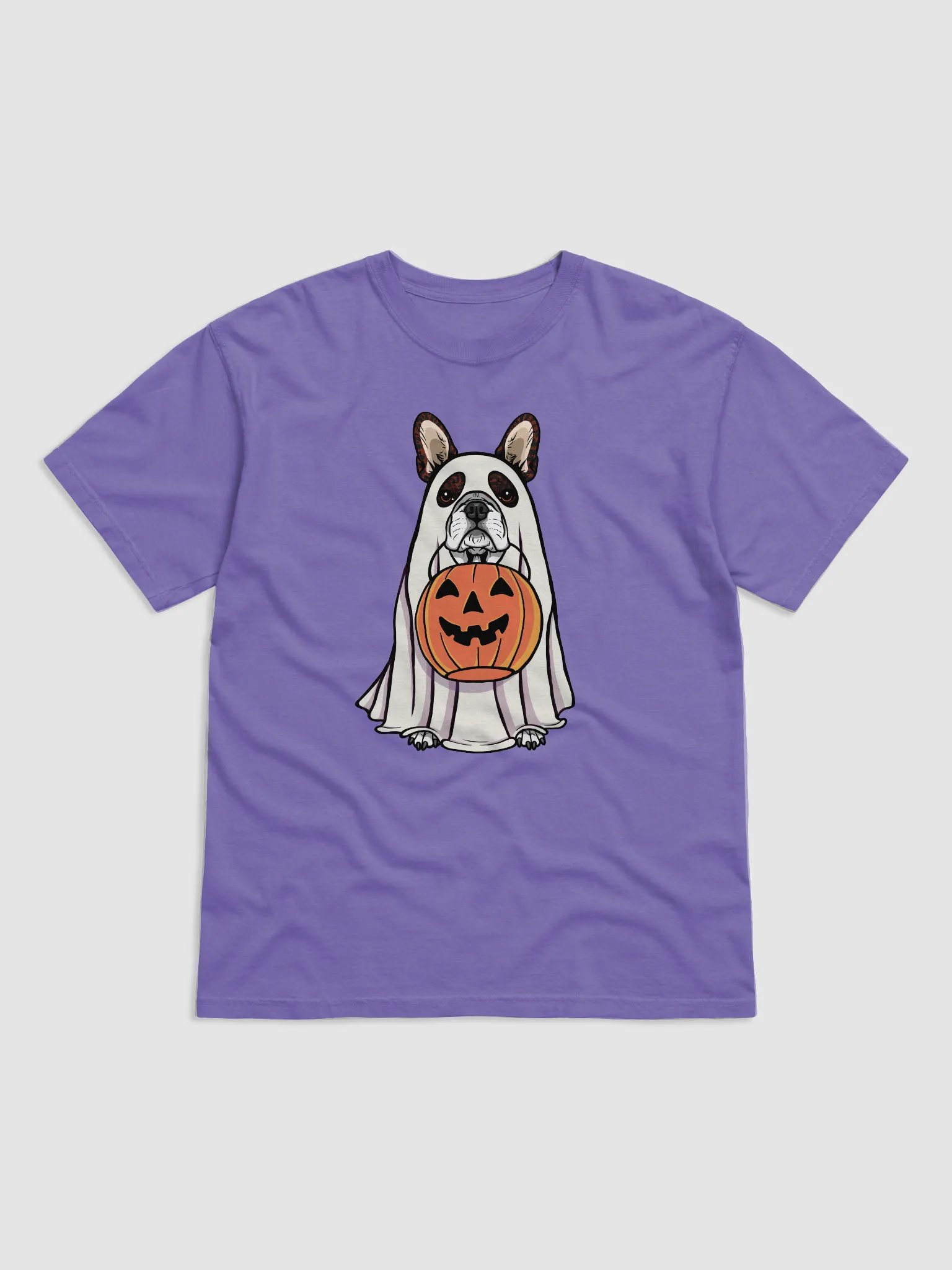 Funny Halloween Boston Terrier(Brindle) T-Shirt | Funny Boston Terrier Wearing a Ghost Costume and Holding a Pumpkin Basket product image (1)