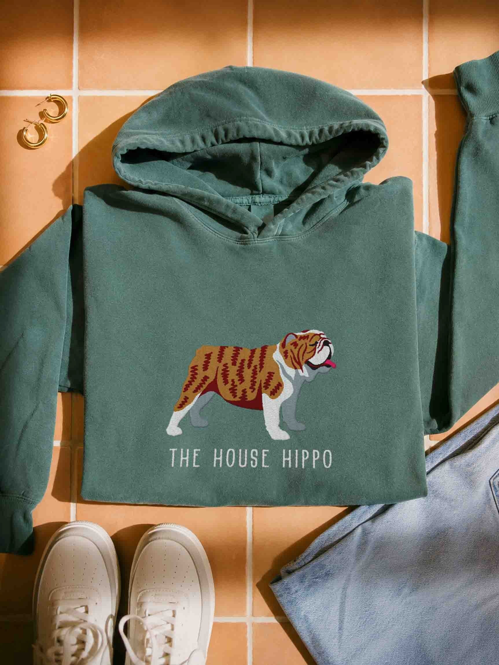 The House Hippo Premium Hoodie (Embroidered) of an English Bulldog(Brindle & White) product image (1)