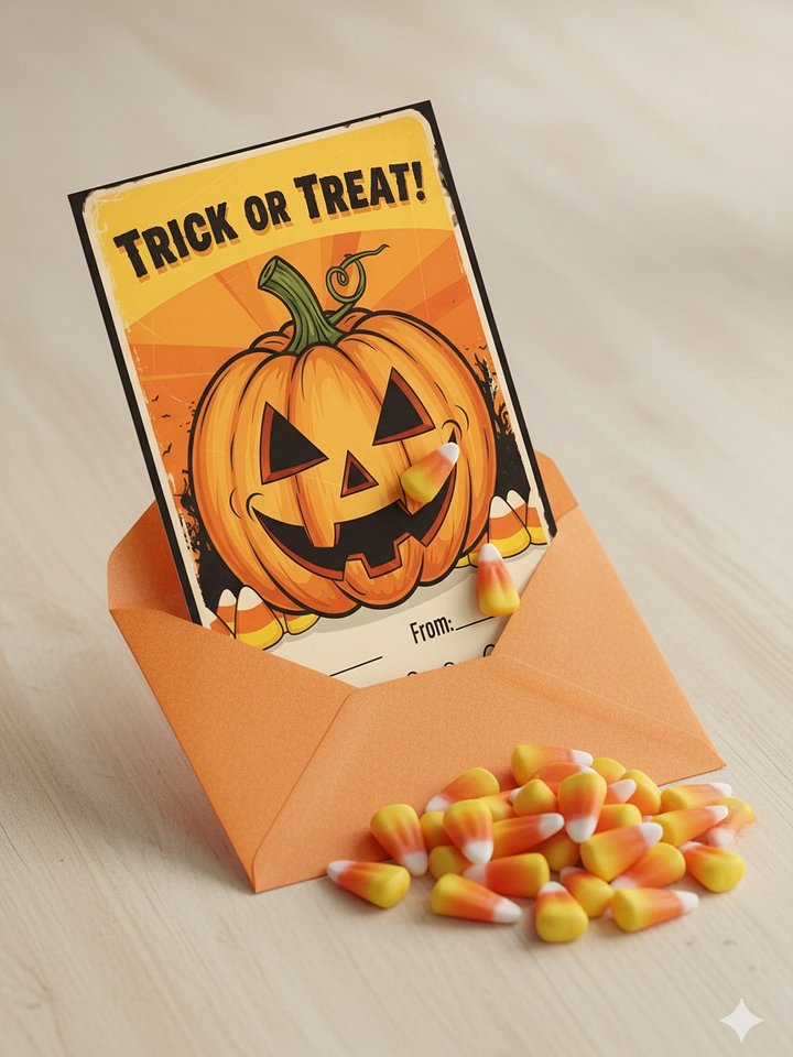 Trick or Treat Card, Happy Halloween Card, Printable Trick or Treat, Halloween Gift Tag, Jack O Lantern Card, Candy Corn Theme product image (2)