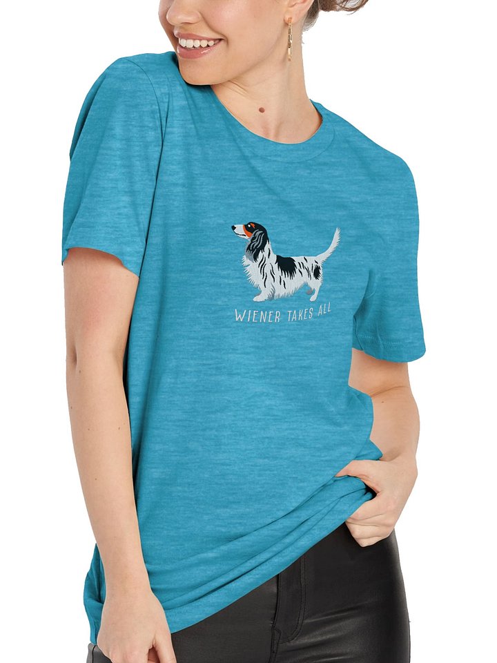 Wiener Takes All T-Shirt(Embroidered) of a Longhaired Dachshund(Pied Black & White) product image (2)