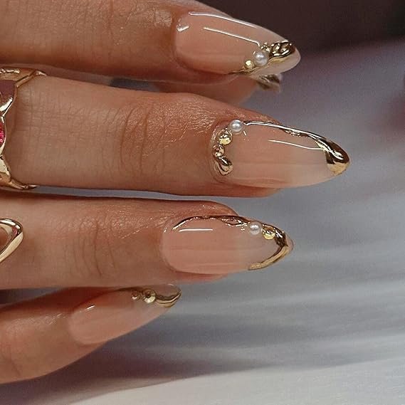 Gold Highlight French Tip Press on Nails Almond - Medium Size (Smart chip Not included) product image (1)