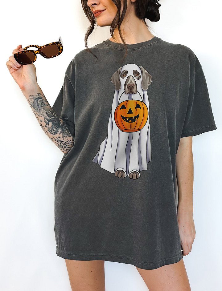 Weimaraner Halloween Tee | Funny Fall and Halloween Weimaraner Wearing a Ghost Costume with Pumpkin Basket product image (2)