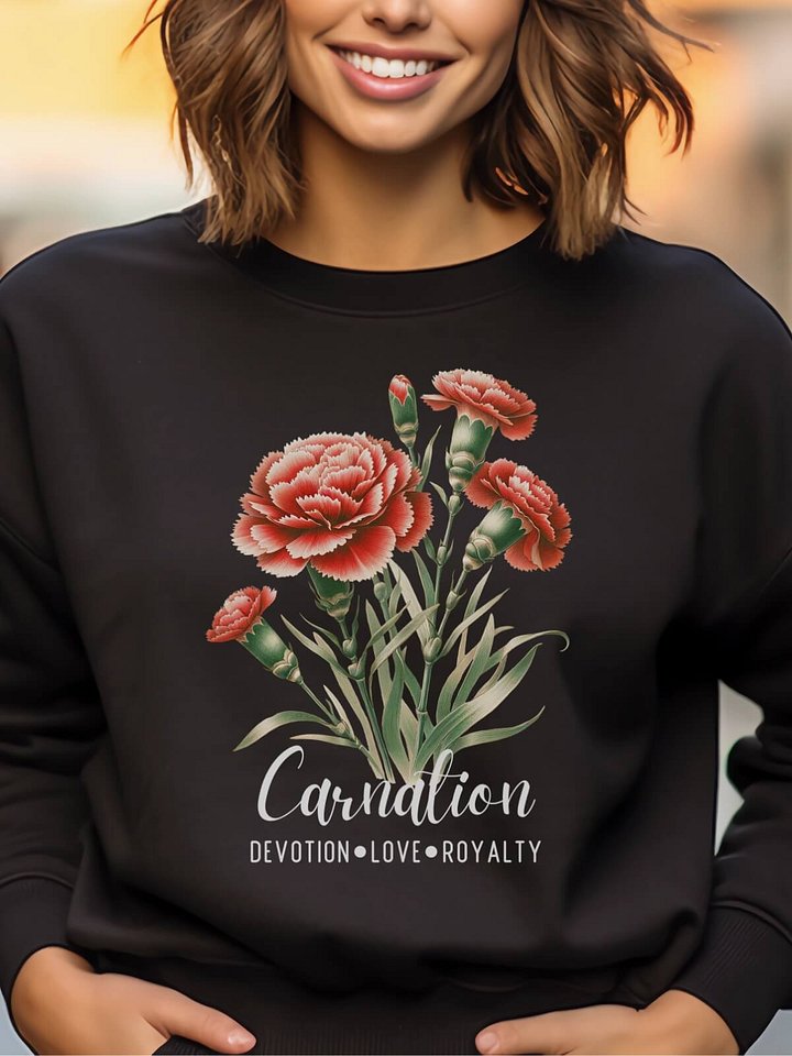 January Birth Month Inspirational Carnation Flower Sweatshirt: Devotion Love Royalty product image (1)
