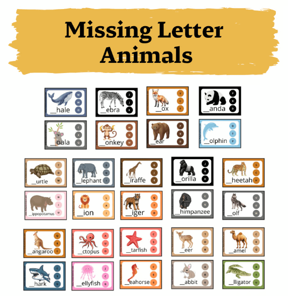 Missing Animals Missing Letter | Animals | 28 cards | thabatnet
