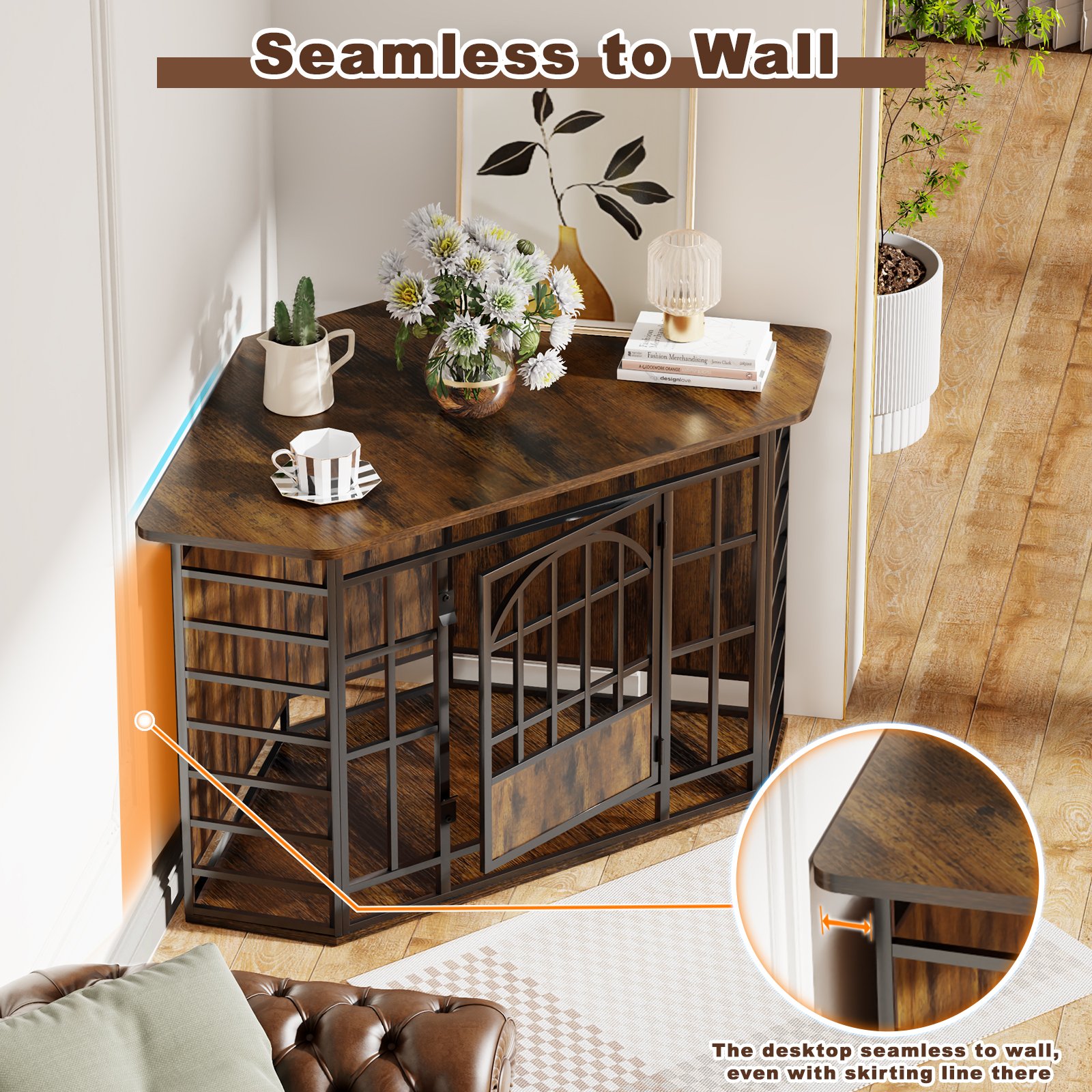 52 inch Corner Dog Crate Wooden Large Dog Kennel Indoor, Large Indoor Dog Crate Decorative Pet House for Medium Large Dogs Vintage Brown product image (4)