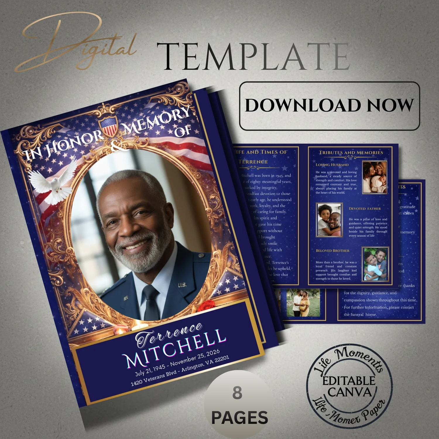 8-Pages Patriotic Funeral Program Template, Military Memorial Obituary (8.5x11 Bi-Fold, Editable Canva, Digital Download) product image (5)