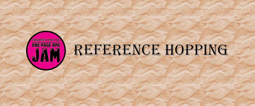 The title Reference Hopping is written against a crinkled parchment background, accompanied by a pink badge declared 