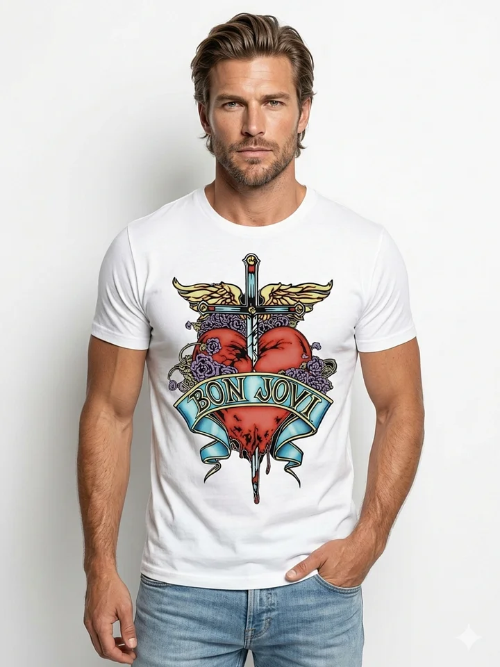 Bon Jovi Sacred Heart Winged Dagger T-Shirt | Slippery When Wet Tattoo Art Graphic Tee | Classic Rock Collector Band Shirt product image (1)