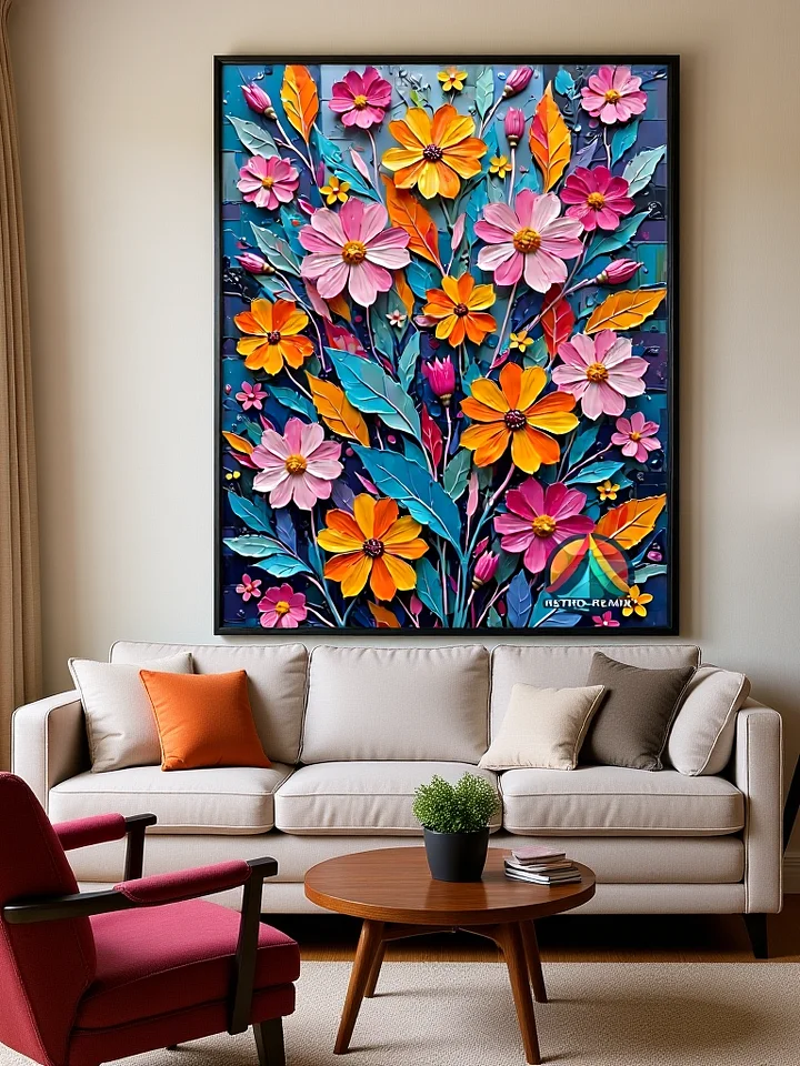 Electric Garden – Bold Retro Floral Wall Art with Neon Botanical and Textured Petals product image (2)
