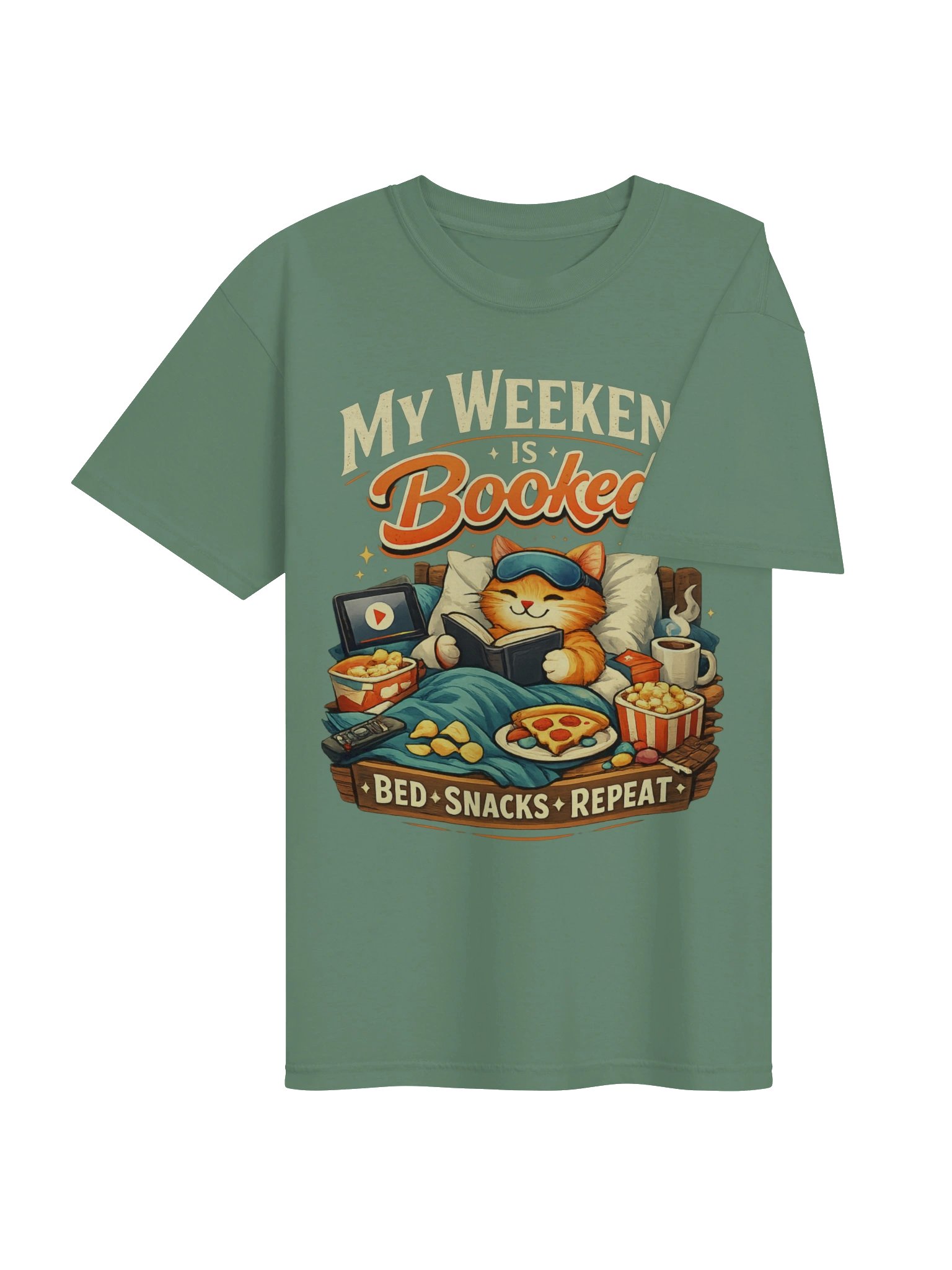 Funny Lazy Weekend T-Shirt – Bed Snacks Repeat Shirt for Introverts and Relaxing product image (4)