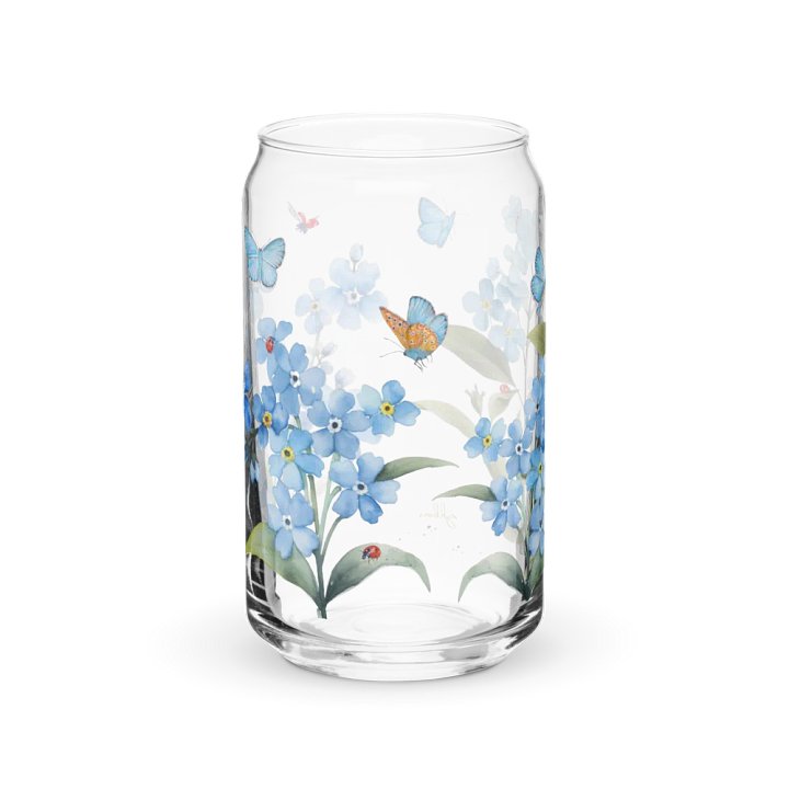 Forget-Me-Not Whispers Glass Can Tumbler | 16oz Eco-Friendly Botanical Drinkware | Blue Blossoms & Butterflies Design product image (1)