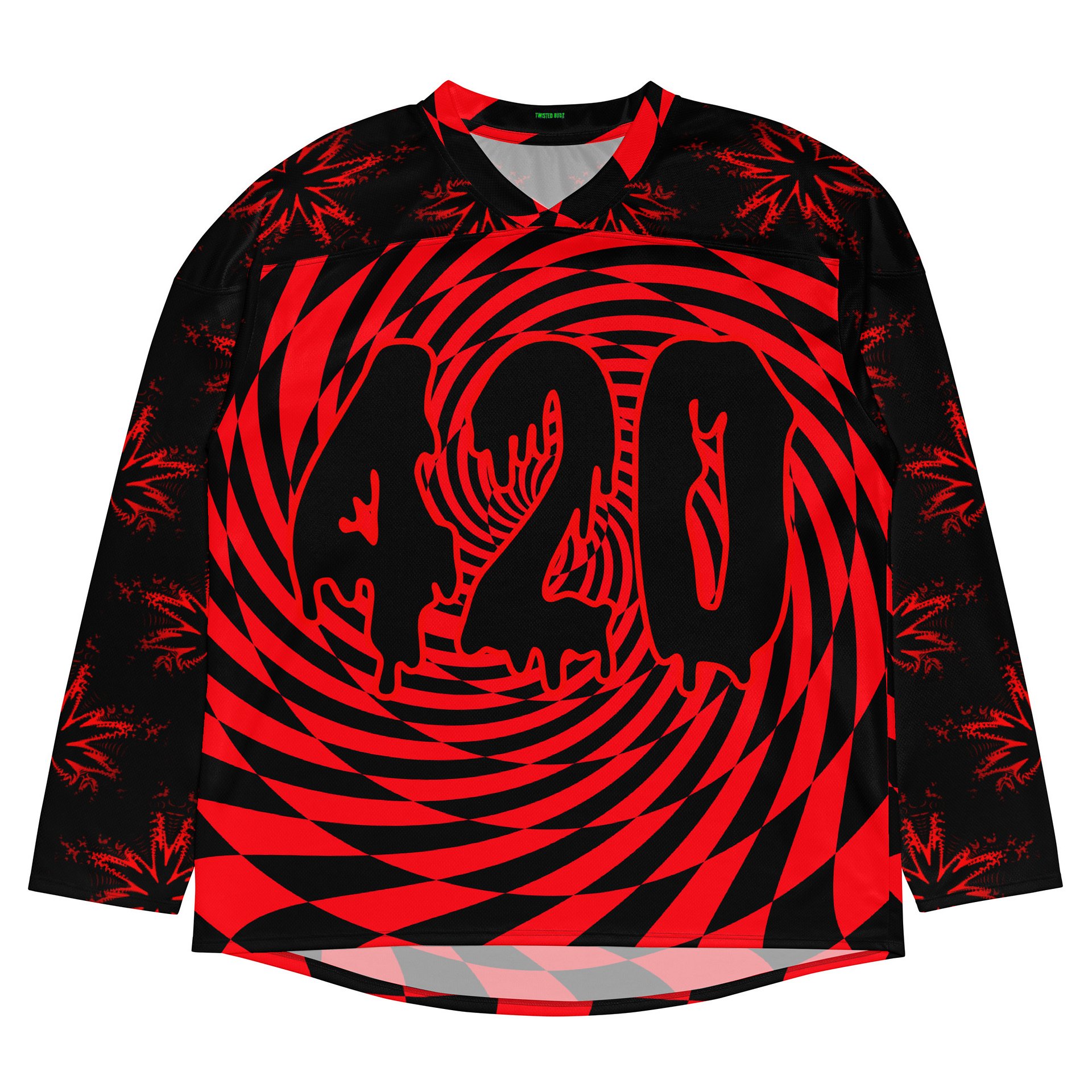 420 EDM Hockey Jersey, Black Red Cannabis Rave Shirt, Stoner Festival Fashion, Psychedelic Pot Leaf Clothes, Trippy Checkers Swirl Weed Top product image (1)