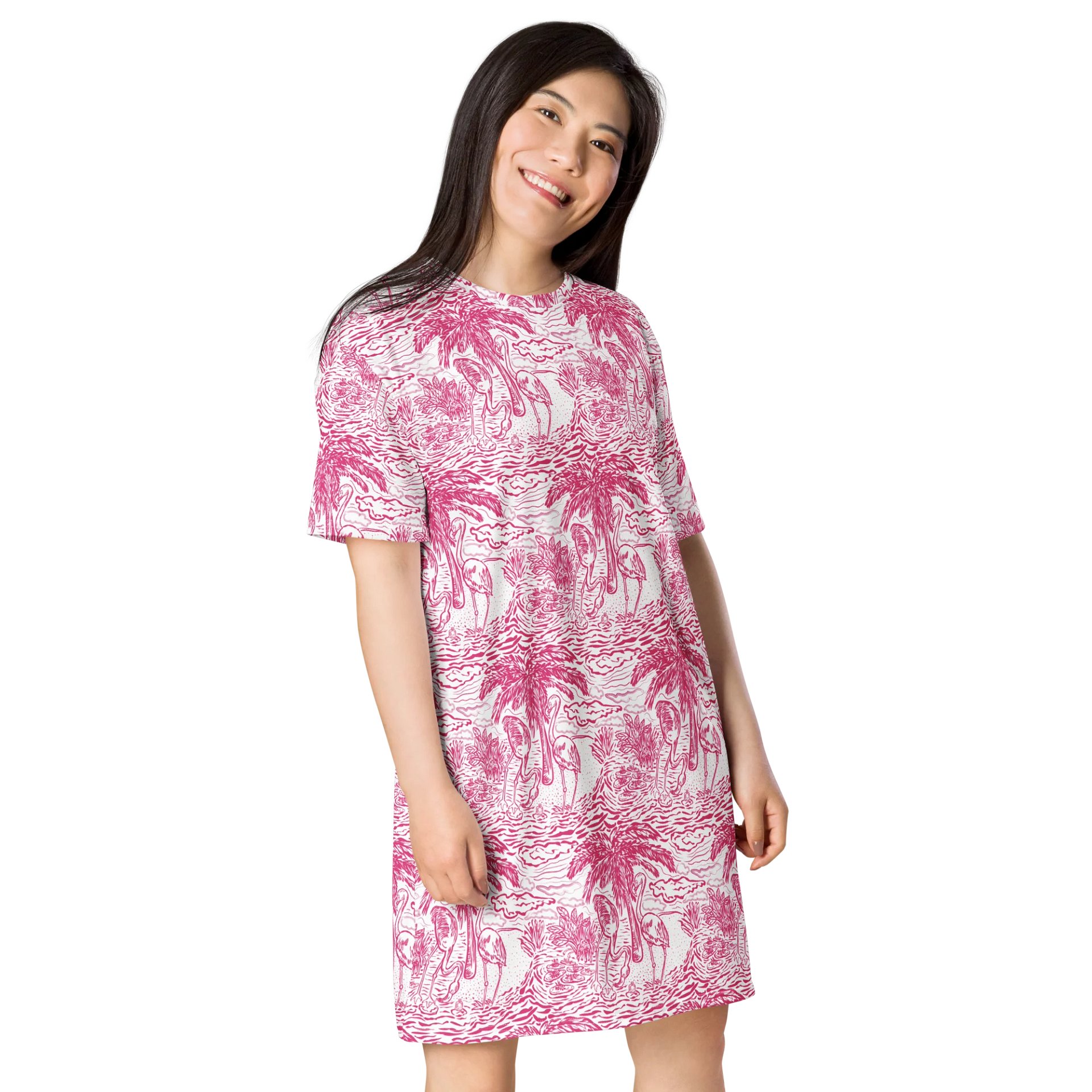 Flamingo Fancy Toile | Pink on White Tropical Toile | T-Shirt Dress | by Monique Faella Designs™ product image (4)