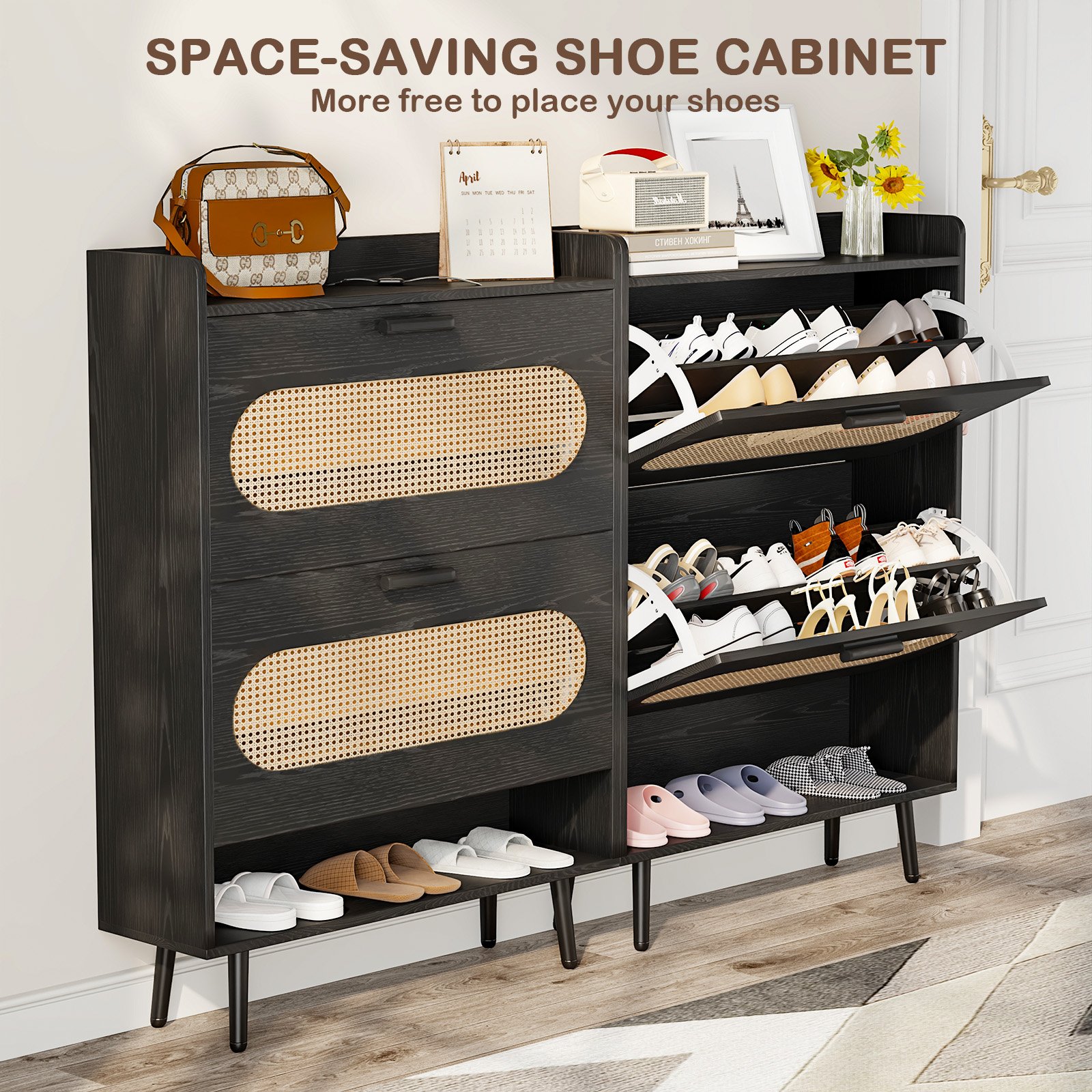 Shoe Cabinet with Natural Rattan Flip Drawers for Entryway Free Standing Slim Shoe Storage Organizer with 2 Flip Drawers Black product image (5)