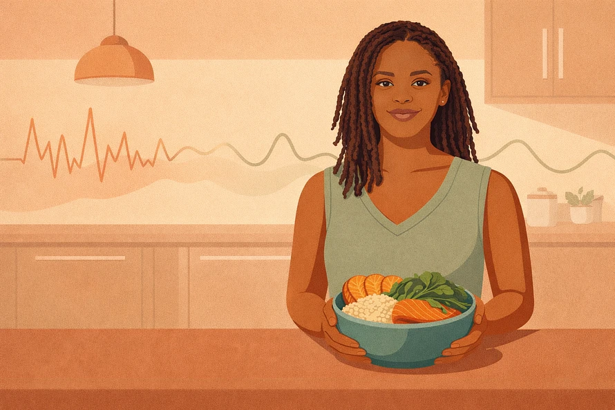 Vector illustration of a woman holding a balanced meal, visualizing Why PCOS Cravings Need Support through proper nutrition rather than restriction to manage PCOS cravings.