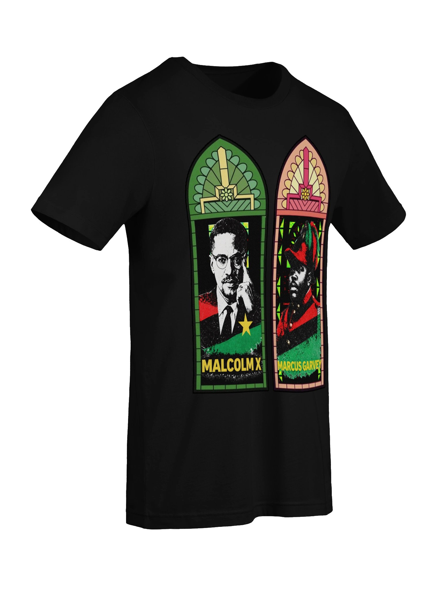 Malcolm X & Marcus Garvey Stained Glass Tee – Pan-African Cathedral Art | Black History Civil Rights T-Shirt product image (8)