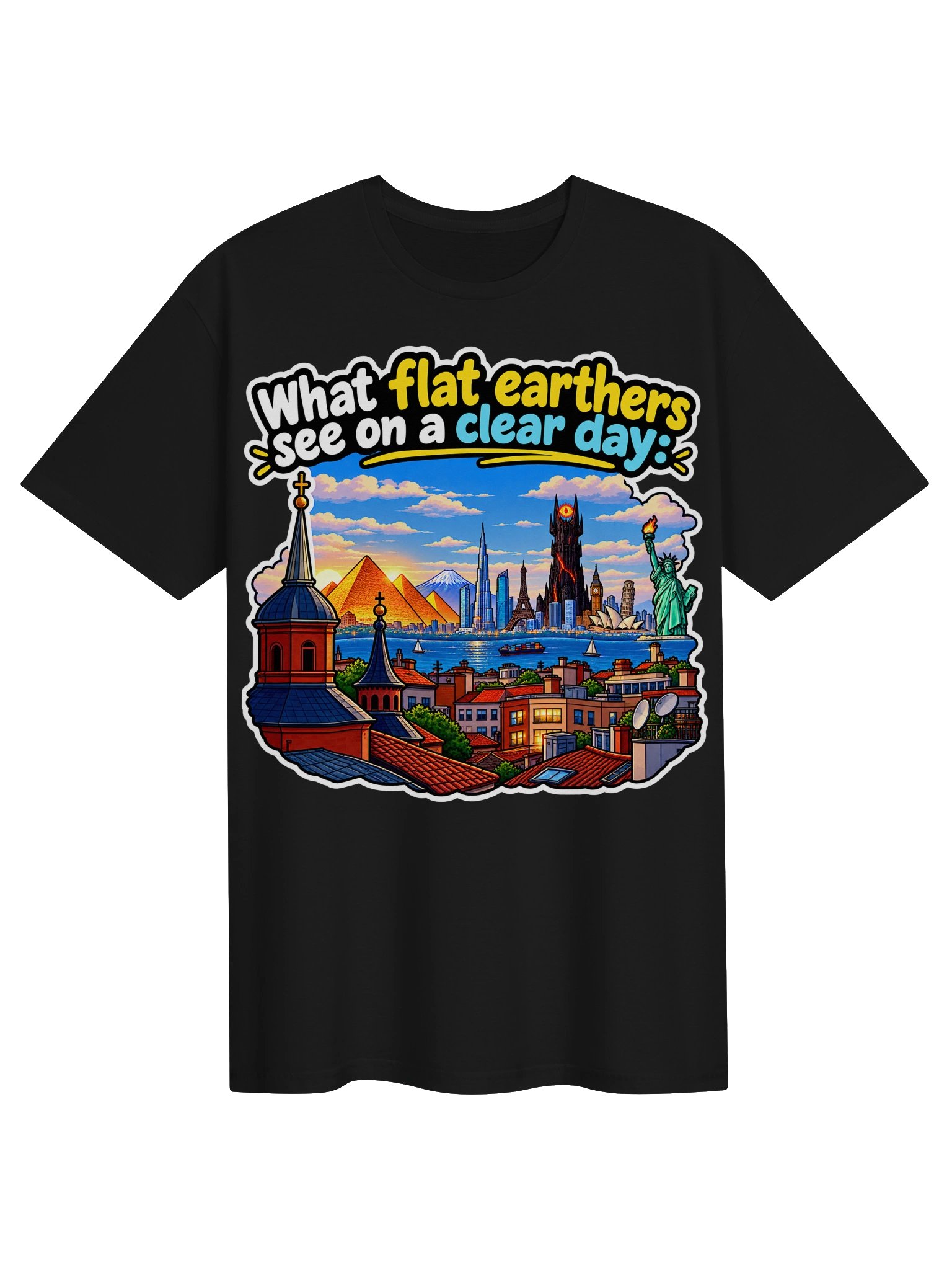What Flat Earthers See on a Clear Day – Funny Science T-Shirt product image (1)