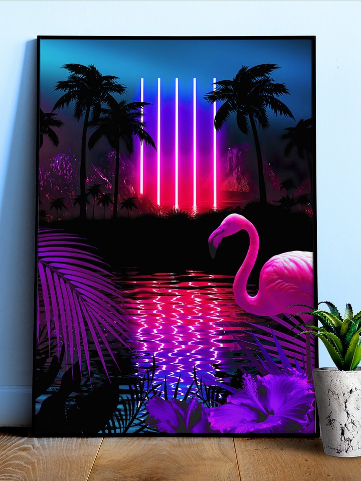 Neon landscape: Neon pillars & flamingo [synthwave/vaporwave/cyberpunk] — Aesthetic retrowave poster product image (1)