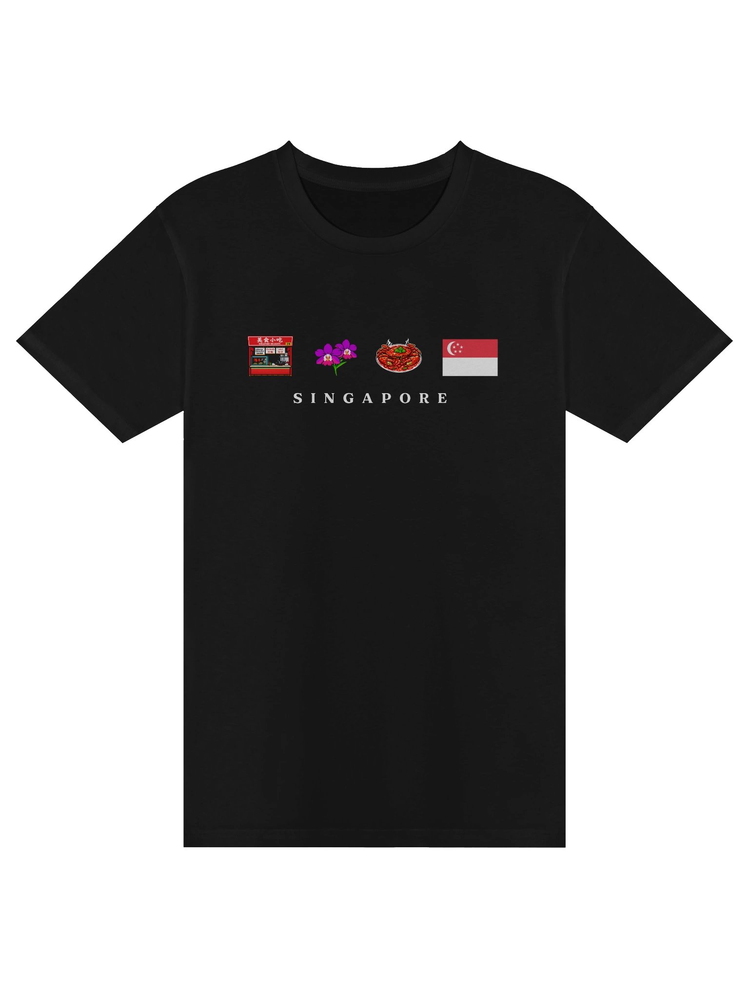 Singapore Heritage Black T-Shirt | Purple Bloom, Shell Dish & Open-Air Eatery Graphic on Premium Cotton product image (1)