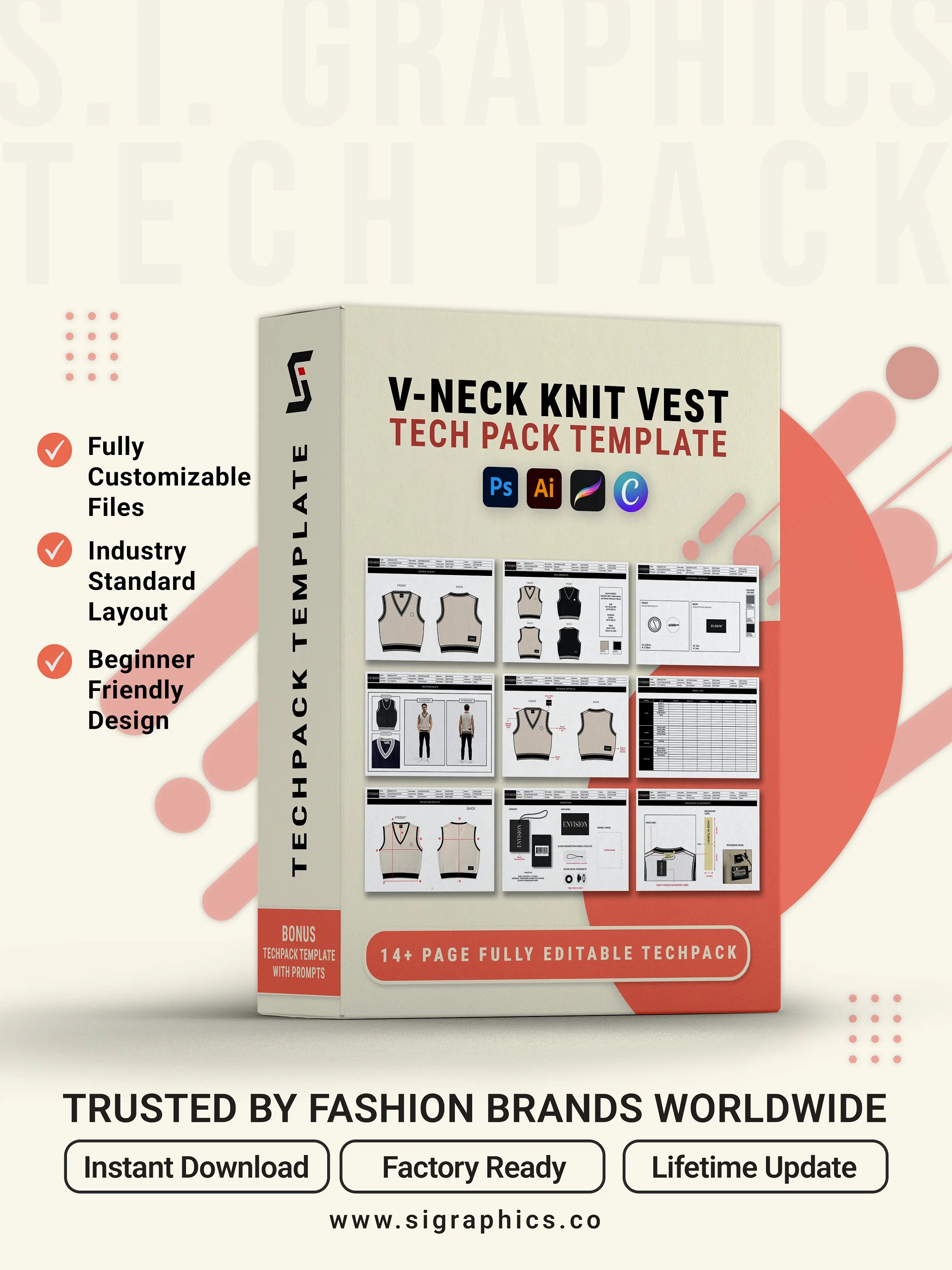 V-Neck Knit Sweater Vest Tech Pack Template product image (1)