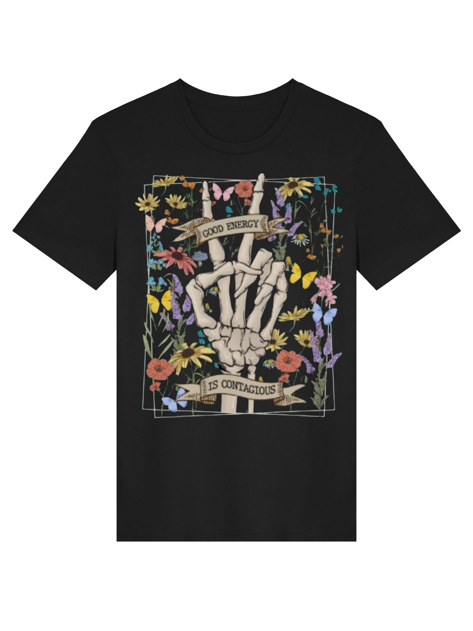 Good Energy Is Contagious T-Shirt – Skeleton Peace Sign Floral Tee | Positive Vibes product image (1)