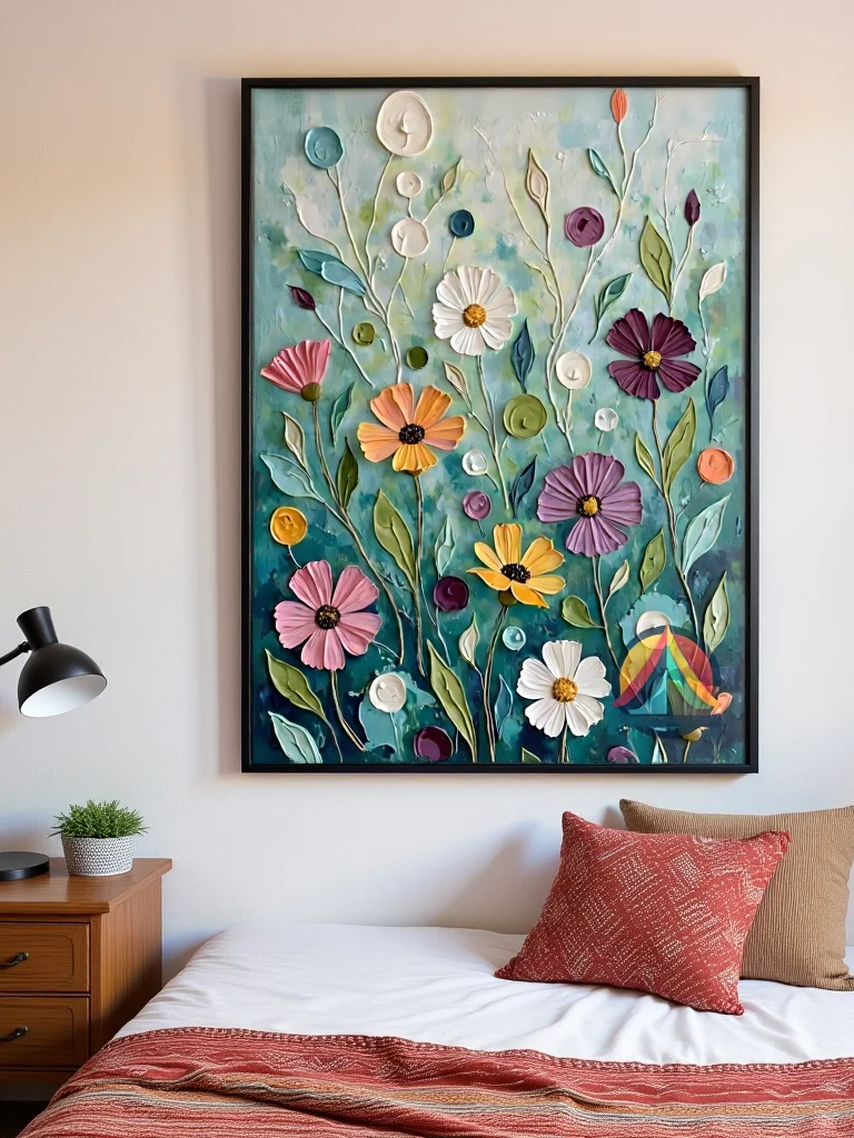 Whimsy in Bloom – Retro Floral Wall Art with Textured Wildflowers on Aqua Teal product image (3)