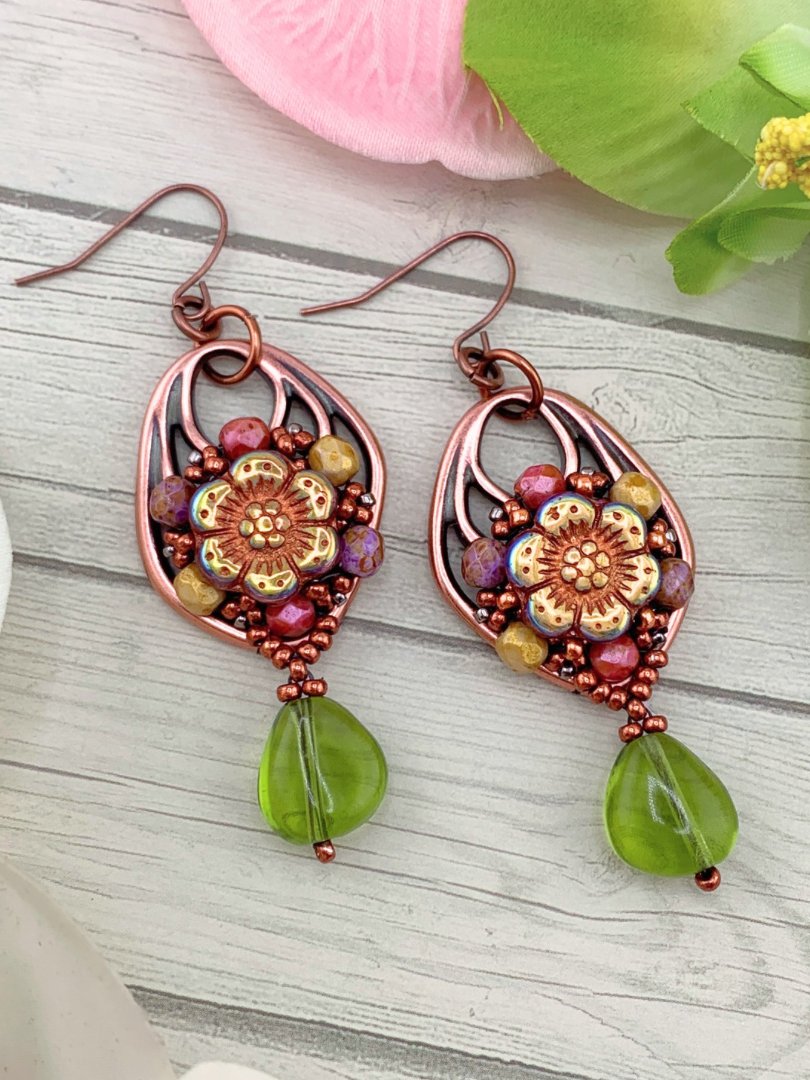 Floral Boho Beaded Copper and Glass Earrings product image (3)