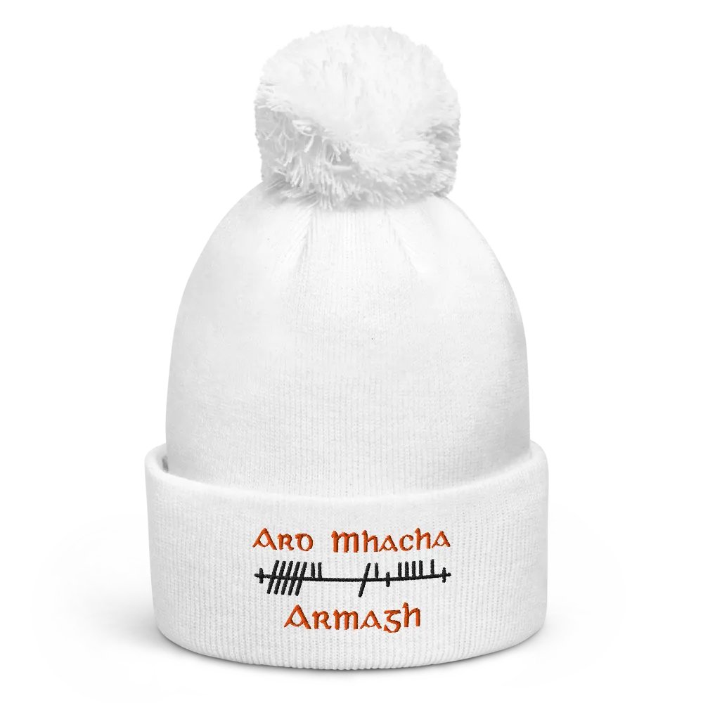 Armagh/Ard Mhacha Orthodox Style Ogham, white with black and tangerine, Pom-Pom Beanie product image (1)