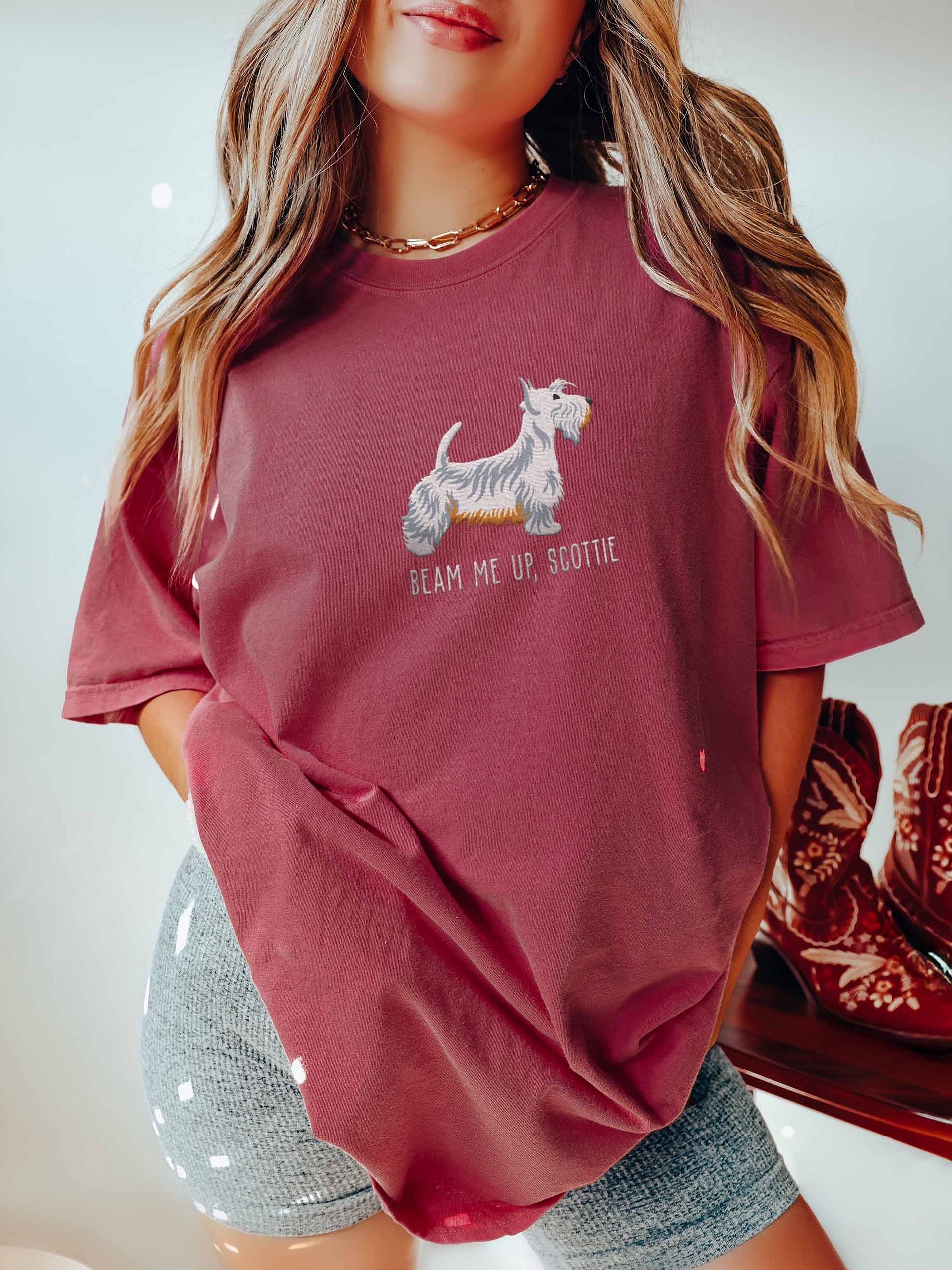 Beam Me Up, Scottie T-Shirt(Embroidered) of a Scottish Terrier(White) product image (2)
