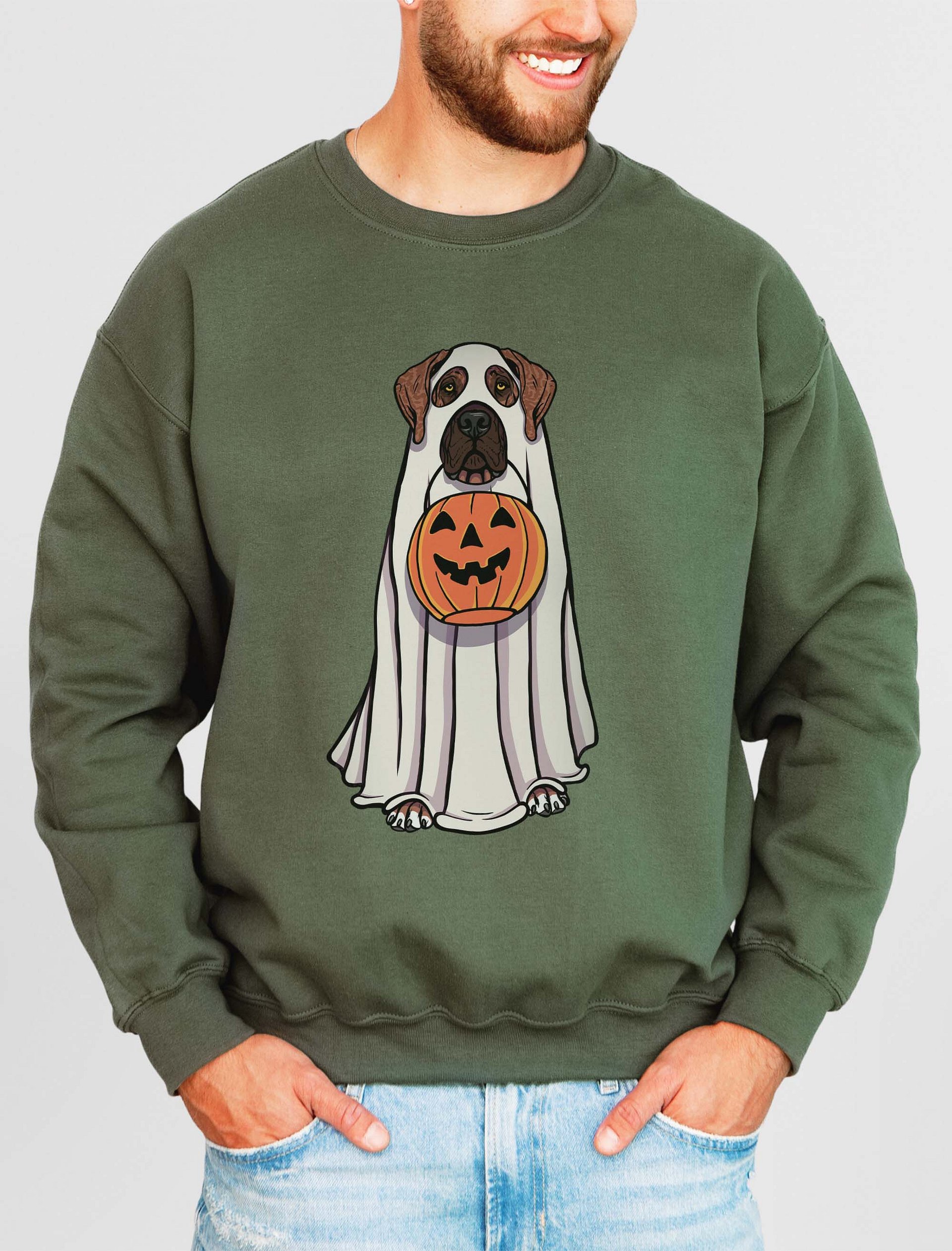 Funny Halloween Great Dane(Brindle) Sweatshirt | Funny Great Dane Wearing a Ghost Costume and Holding a Pumpkin Basket product image (2)