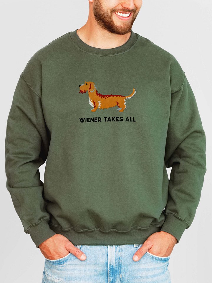 Wiener Takes All Sweatshirt (Embroidered) of a Wirehaired Dachshund(Tan) product image (2)