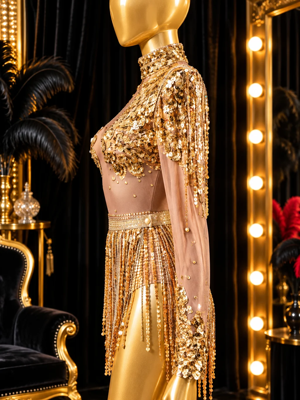Sequin Showgirl Bodysuit with Removable Fringe Skirt Gold or Pink product image (4)