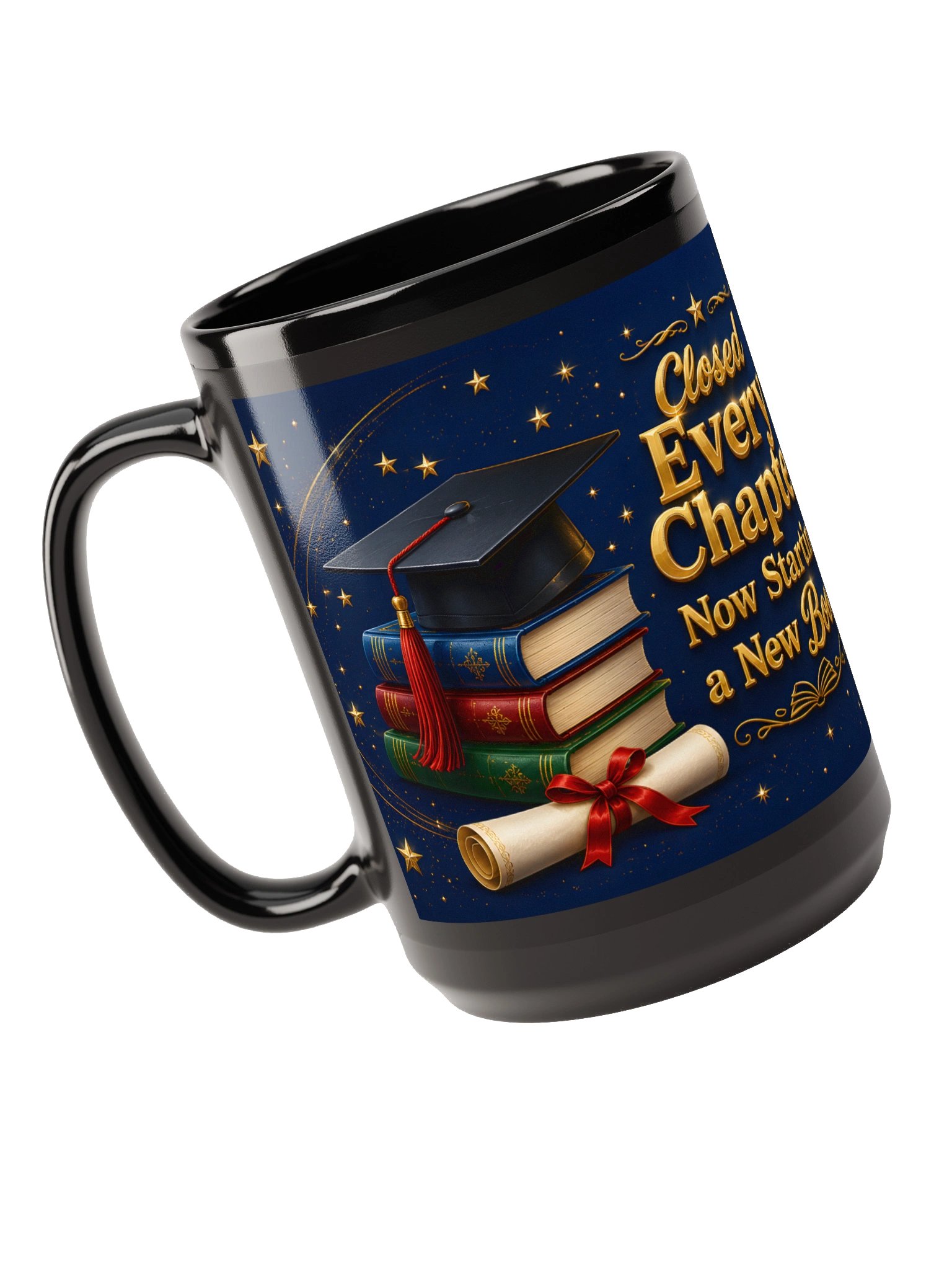 "Closed Every Chapter Now Starting a New Book" Graduation Mug — Navy Wrap product image (1)