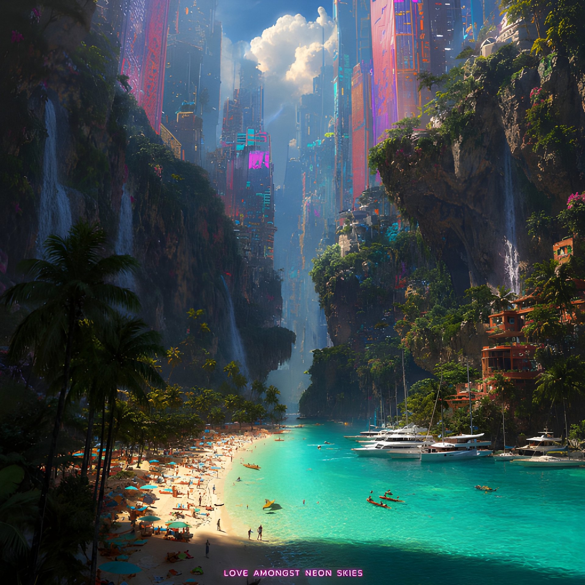 Love Amongst Neon Skies Wall Art, Futuristic Tropical City Digital Download, Cyberpunk Beach Decor product image (2)