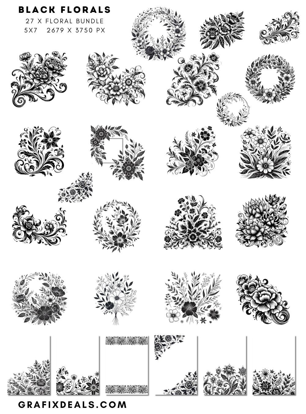 Black Line Art Florals for Commercial POD Use product image (1)
