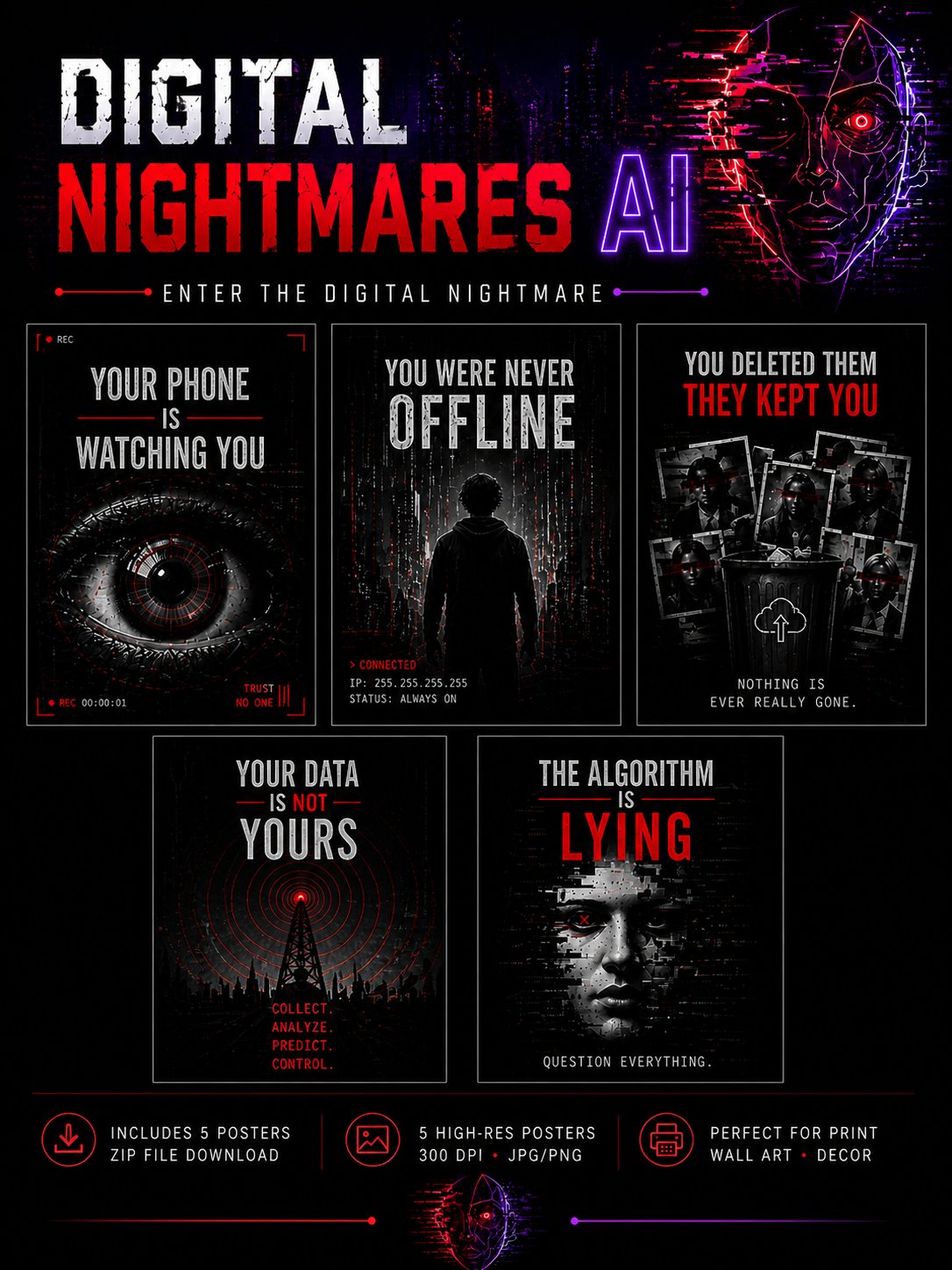 AI Horror Posters Pack – Cyberpunk Wall Art | Digital Nightmares Vol.1 product image (1)