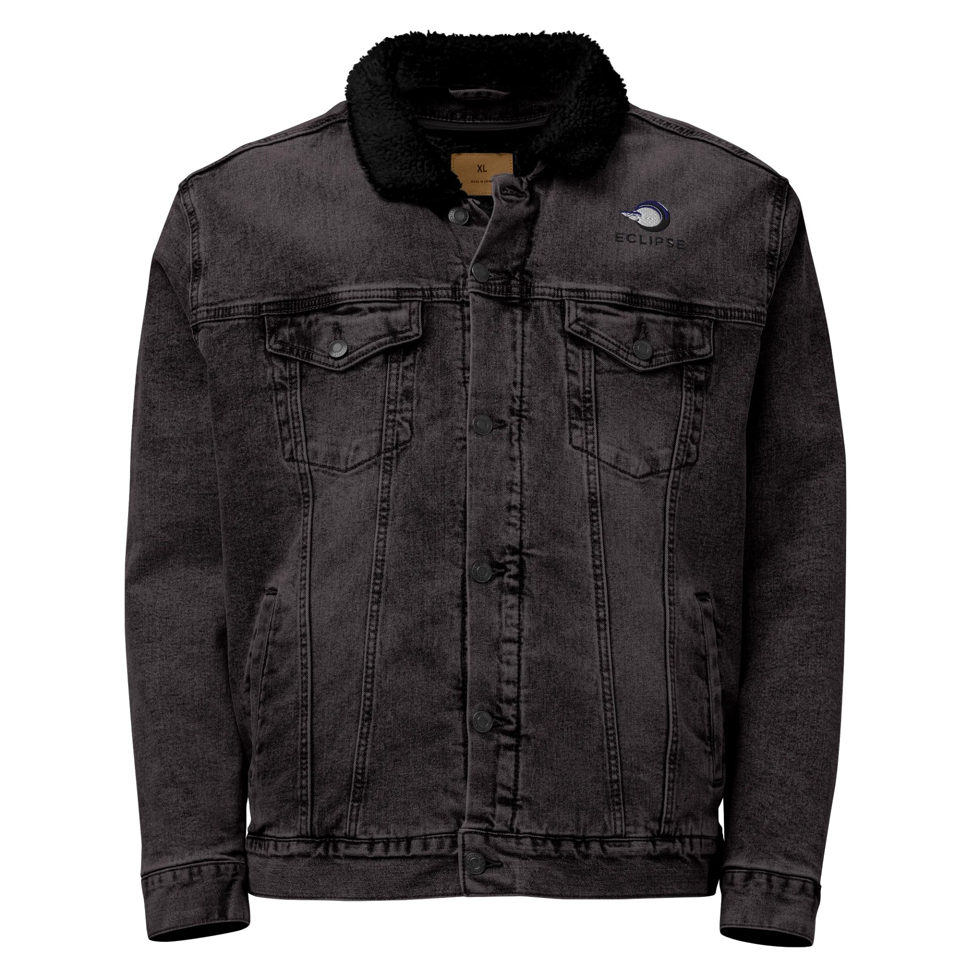 Eclipse Unisex Sherpa Denim Jacket - Black & Light Denim, Fiery Design, Heavyweight product image (1)
