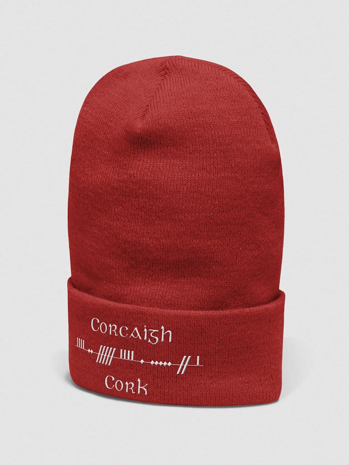 Cork/Corcaigh, Scholastic Style Ogham, Red with white, embroidered Cuffed Beanie product image (2)