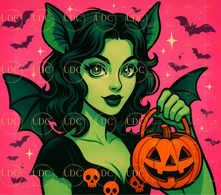Green Bat-Wing Witch Halloween Tumbler Wrap PNG – Spooky Glam Girl with Pumpkin & Pink Bat Background for 20oz Skinny Tumblers product image (1)