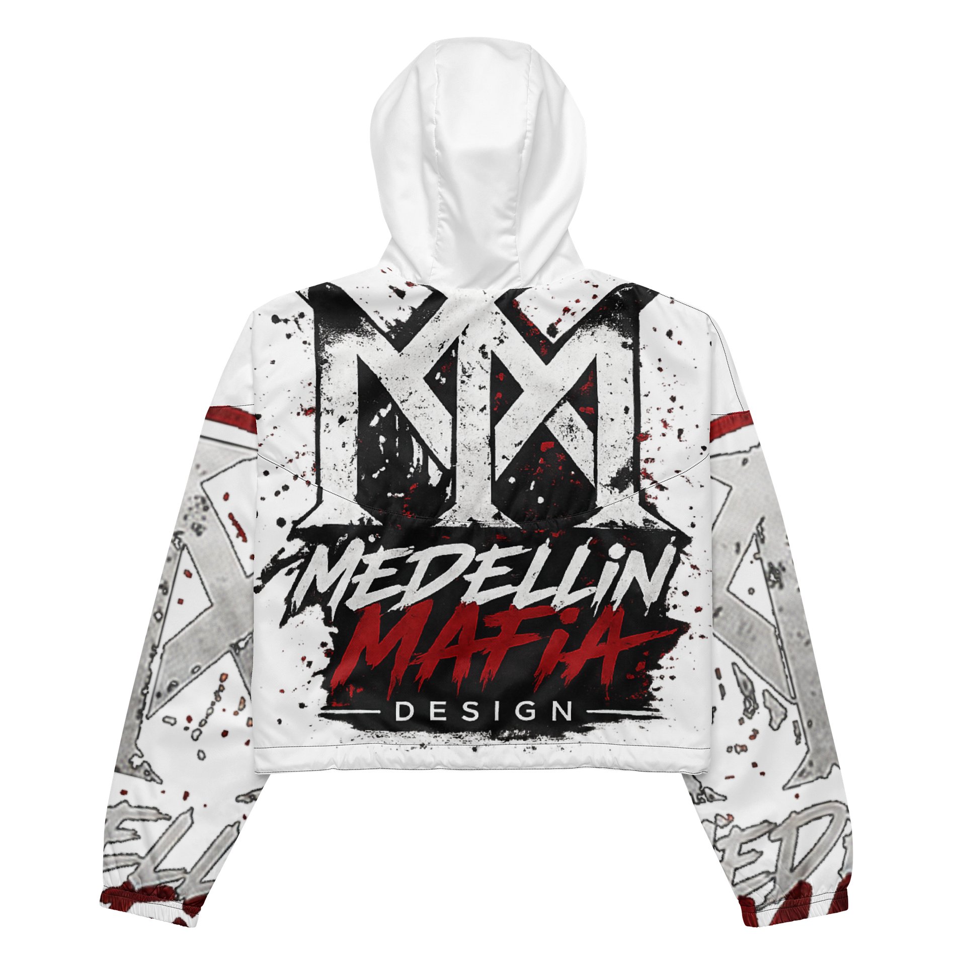 Medellin Mafia Design Women’s Cropped Windbreaker Hoodie – White Red Black Graffiti Streetwear Jacket product image (6)