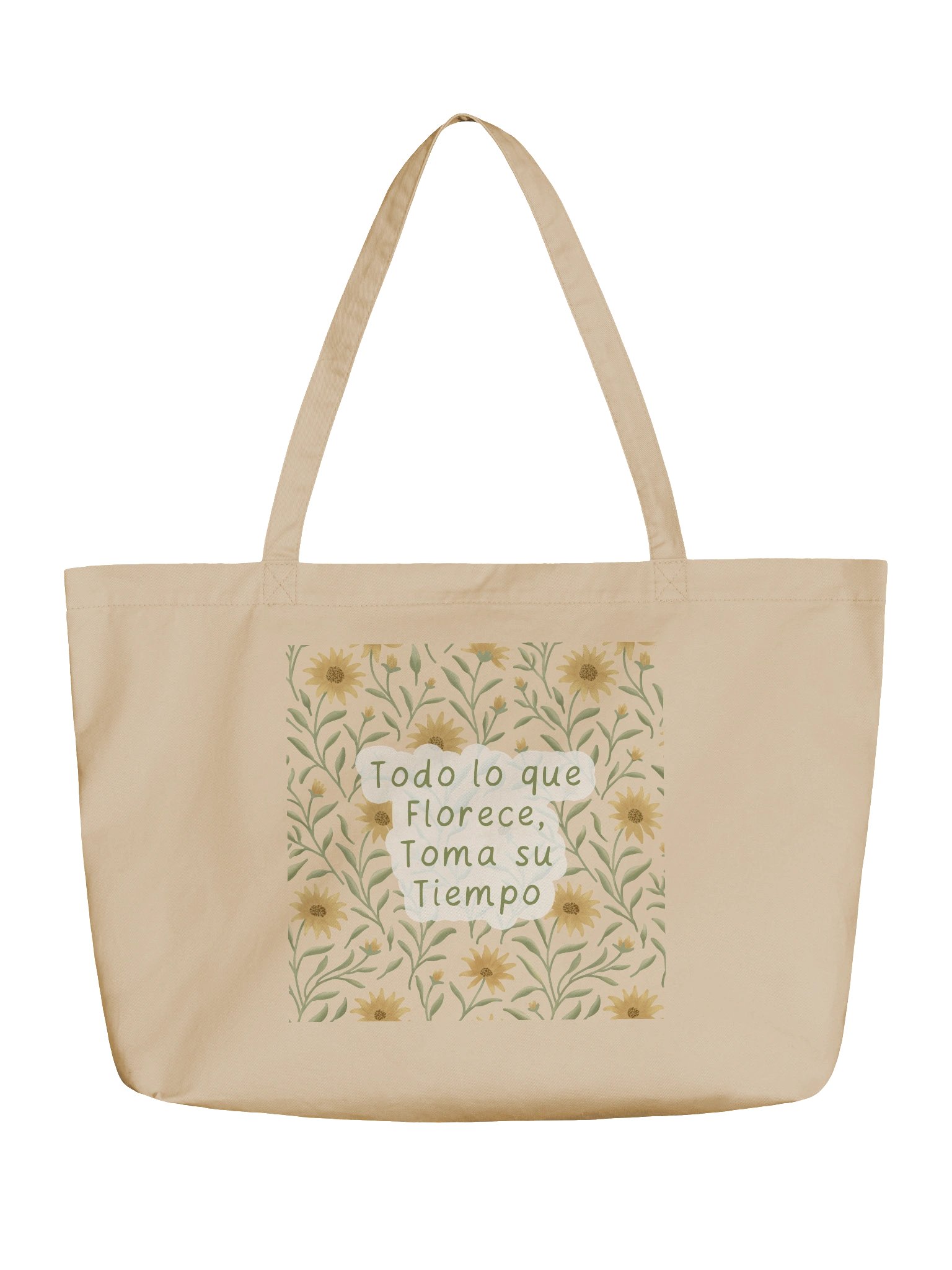 Organic cotton tote bag with golden field floral design. Inspirational quote in spanish & english product image (1)