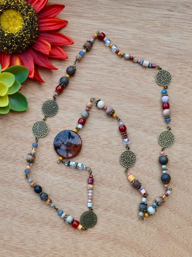 Multi Gemstone Handmade Beaded Earthy Layering Necklace With Obsidian and Agate Beads product image (3)